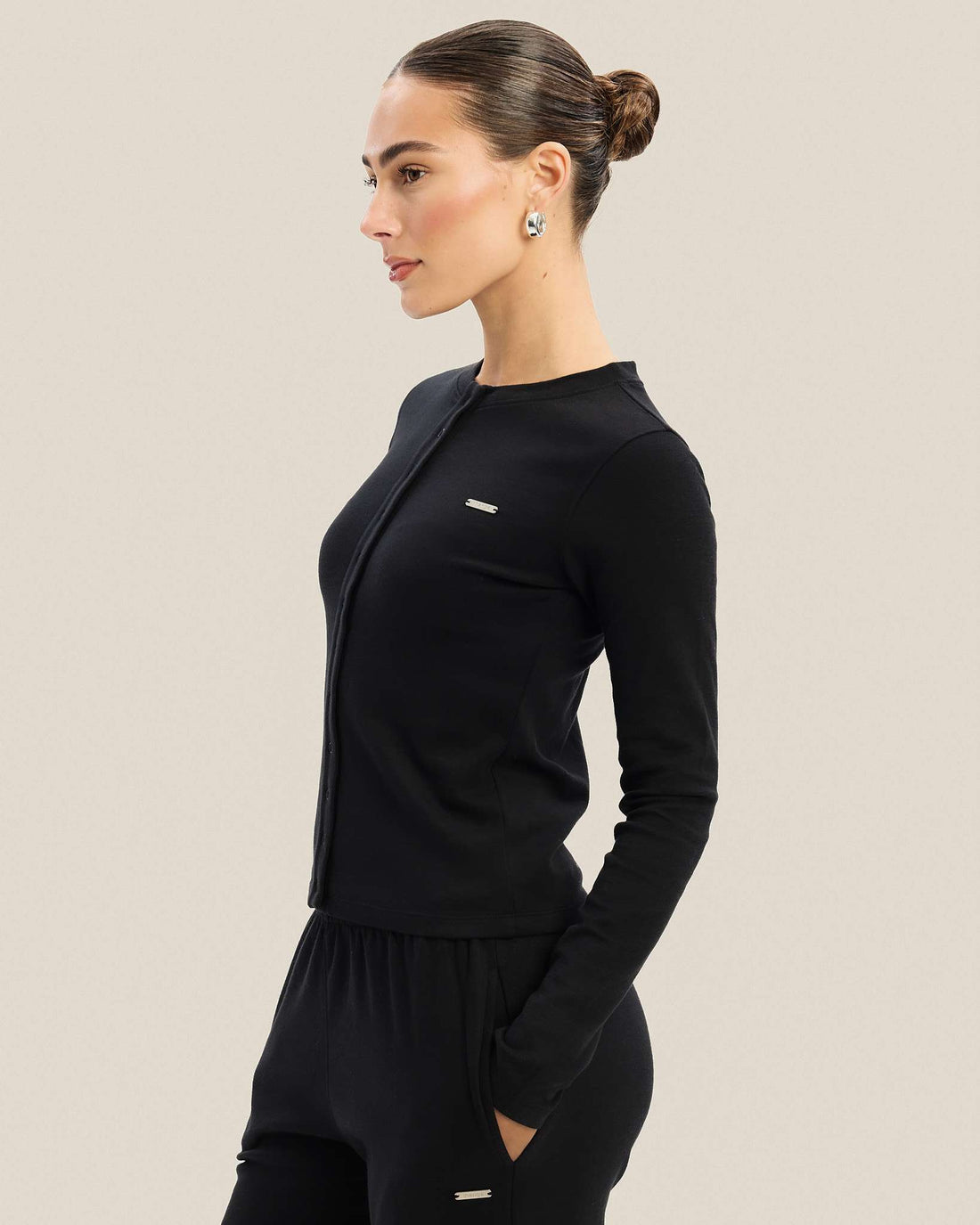 Black Cotton Stretch Button Up