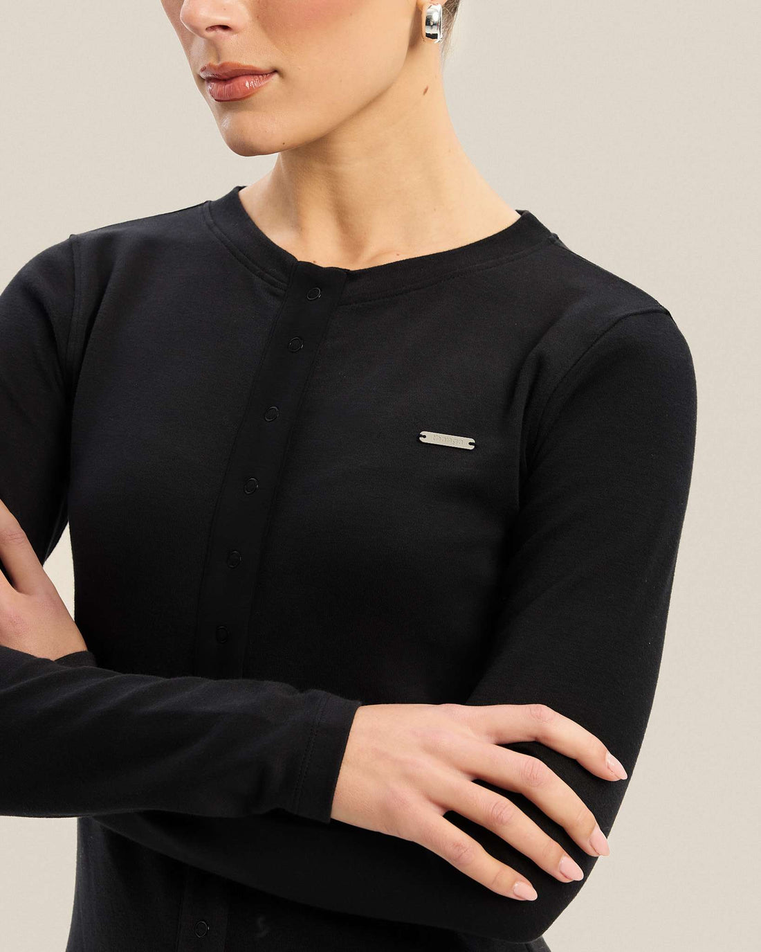 Black Cotton Stretch Button Up