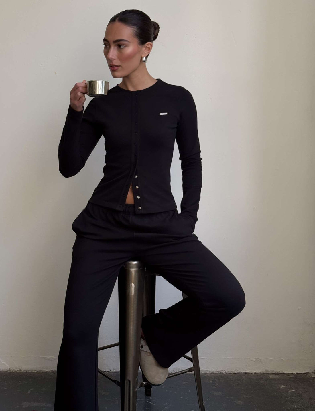 Black Cotton Stretch Button Up