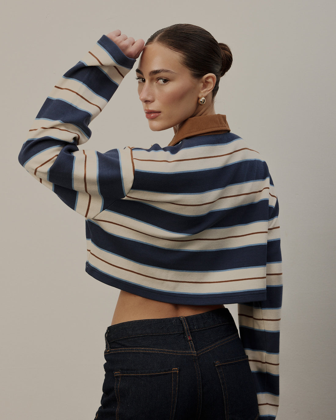 Denim Stripe Cropped Polo