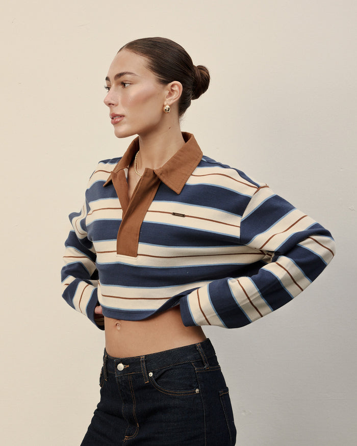 Denim Stripe Cropped Polo