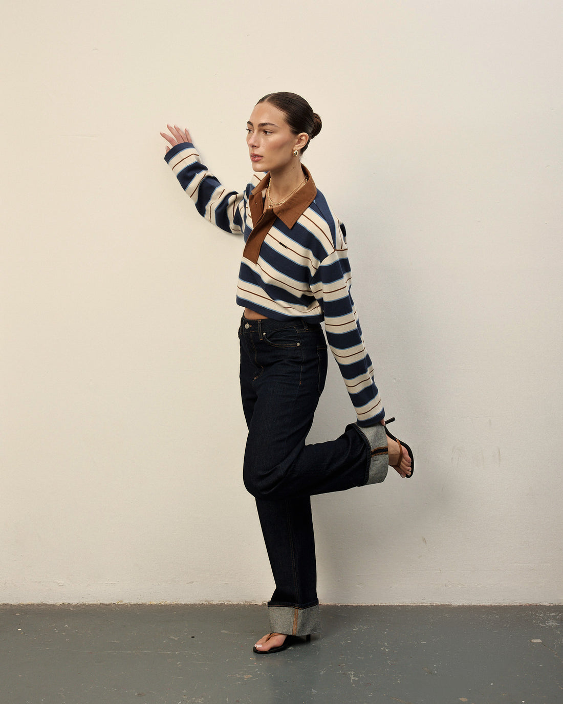 Denim Stripe Cropped Polo