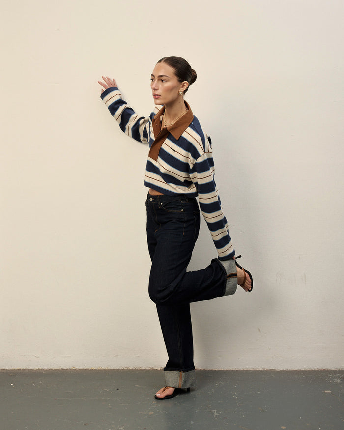 Denim Stripe Cropped Polo